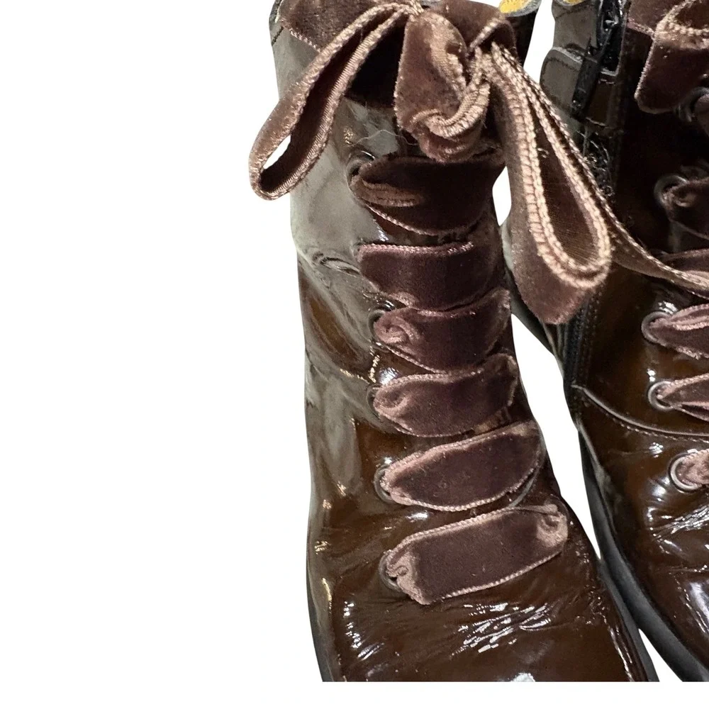 Mod8 Patent Leather Boots Kids Size 30 Brown Good Velvet Ribbon Lace Zip Combat